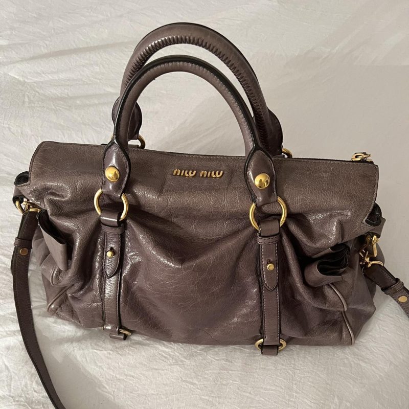 Authentic Grey Looks A Bit Purple In Person Miu Miu Vitello Leather Bow Bag With Gold Hardware And Removable Strap - Image 2