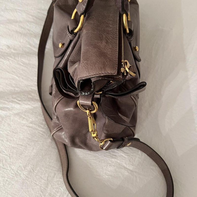 Authentic Grey Looks A Bit Purple In Person Miu Miu Vitello Leather Bow Bag With Gold Hardware And Removable Strap - Image 3