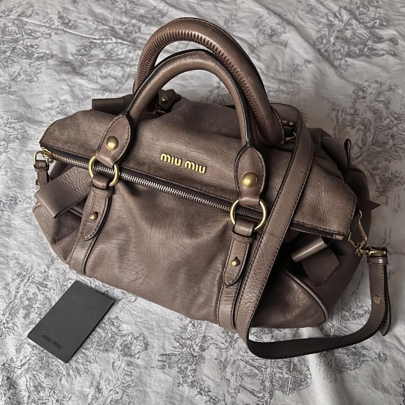 Authentic Miu Miu Purple Grey Leather Vitello Lux Bow Bag In Gold Hardware With Removable Strap